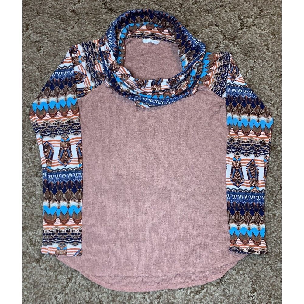 Ba Bel Tunic Womens S Red Beige Aztec Tribal Casual‎ Blouse Top Mock Cowl Neck